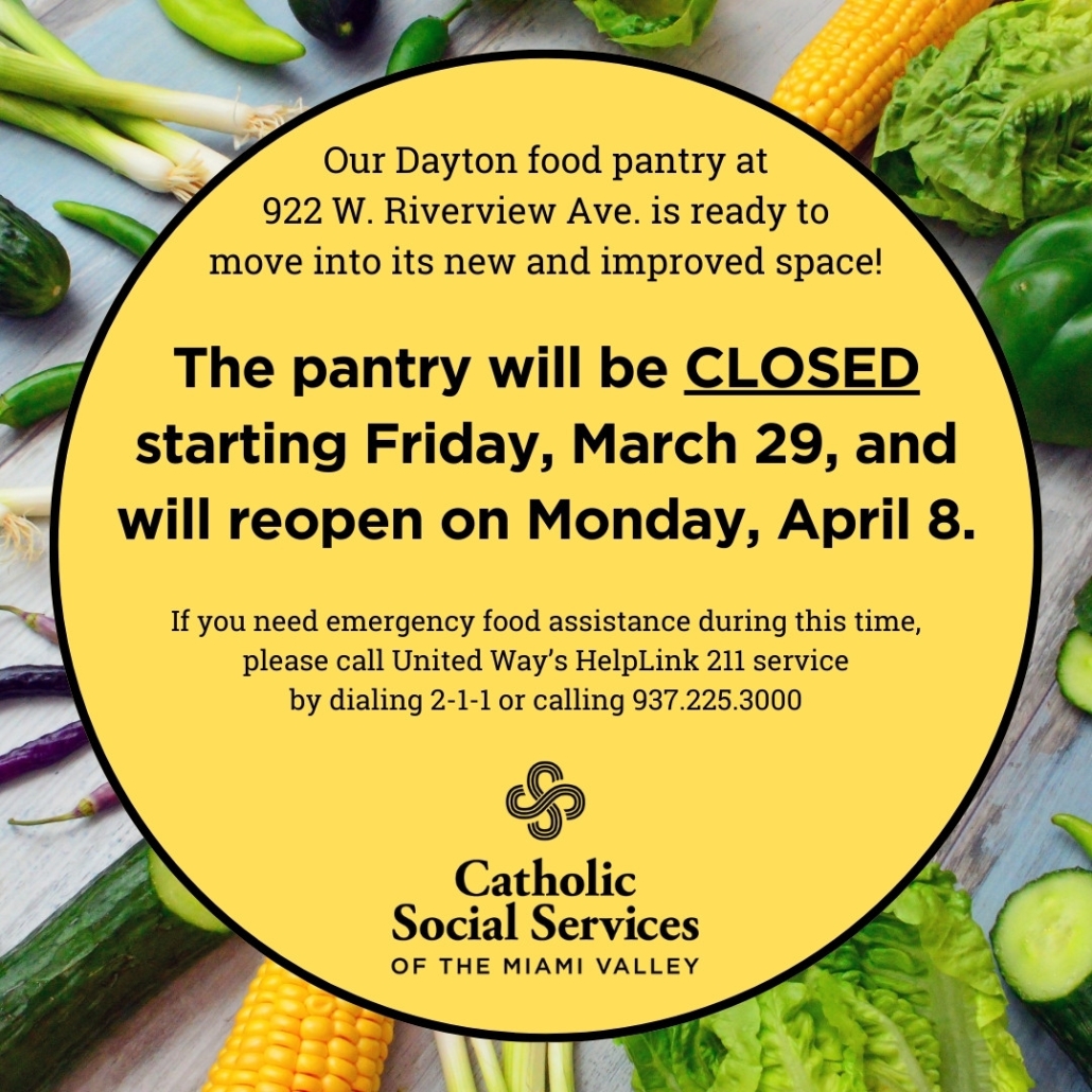Our Dayton food pantry is ready to move into its new and improved space. The pantry will be CLOSED starting Friday, March 29, and will reopen on Monday, April 8. If you need emergency food assistance during this time, please contact United Way's HelpLink 211 service by dialing 2-1-1 or calling 937.225.3000.